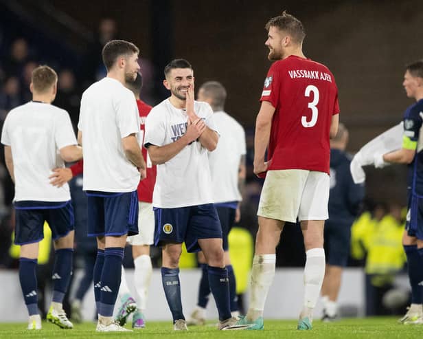 Norway's Kristoffer Ajer chats with former Celtic team-mates Ryan Christie and Greg Taylor at the end of the 3-3 draw with Scotland that brought a return to Hampden for the centre-back and stirred many memories of his days with the Scottish club. (Photo by Paul Devlin / SNS Group)