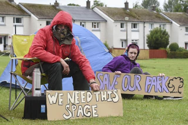 Residents George and Sue are camping out in the park along with other residents Moredun residents campaign to save their park from developers who want to build flats on site