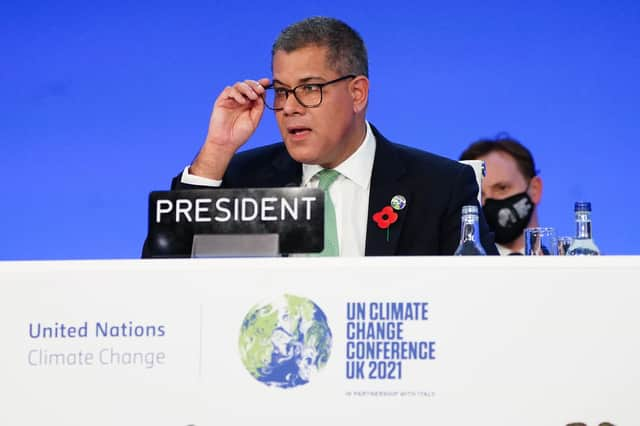 Alok Sharma, President of the Cop26 climate summit, speaks at the closing plenary of the COP26 summit