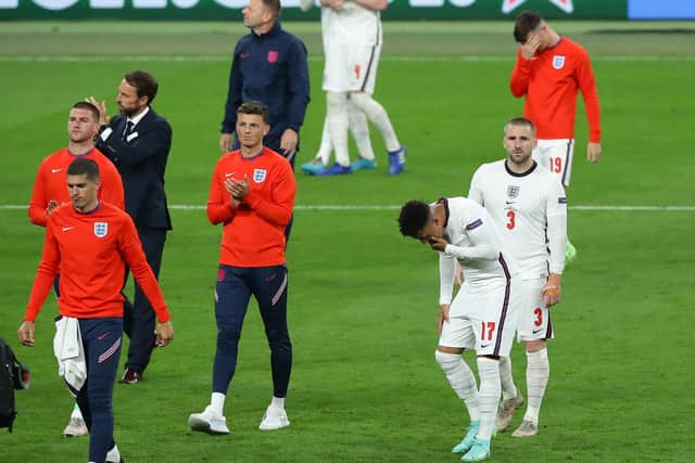 The England team looked devastated following their loss in the penalty shoot-out at yesterday's Euro 2020 final. (Image credit: David Klein / Sportimage)