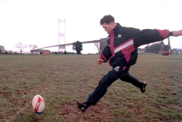 Michael Dods gets in some kicking practice near Chepstow in preparation for the 1996 Five Nations match against Wales.
