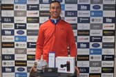 Ollie Roberts shows off his prizes after winning the Tartan Pro Tour's Carnoustie Tour Championship sponsored by Angus Soft Fruits. Picture: Tartan Pro Tour