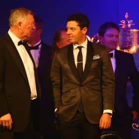 Sir Alex Ferguson chats with Rory McIlroy during the European Tour Players' Awards ahead of the BMW PGA Championship in 2015. Picture: Richard Heathcote/Getty Images.