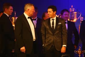 Sir Alex Ferguson chats with Rory McIlroy during the European Tour Players' Awards ahead of the BMW PGA Championship in 2015. Picture: Richard Heathcote/Getty Images.
