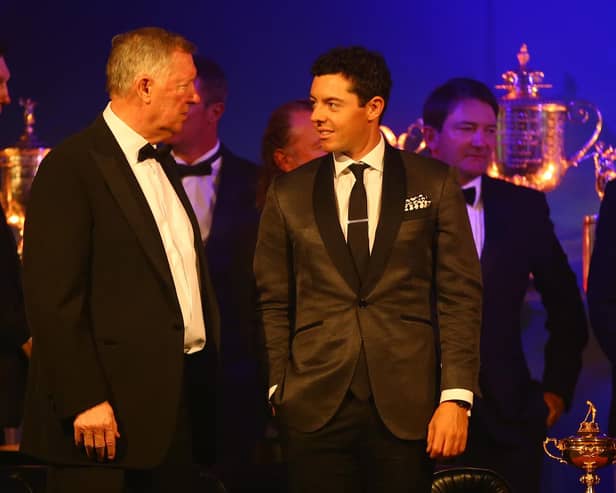 Sir Alex Ferguson chats with Rory McIlroy during the European Tour Players' Awards ahead of the BMW PGA Championship in 2015. Picture: Richard Heathcote/Getty Images.