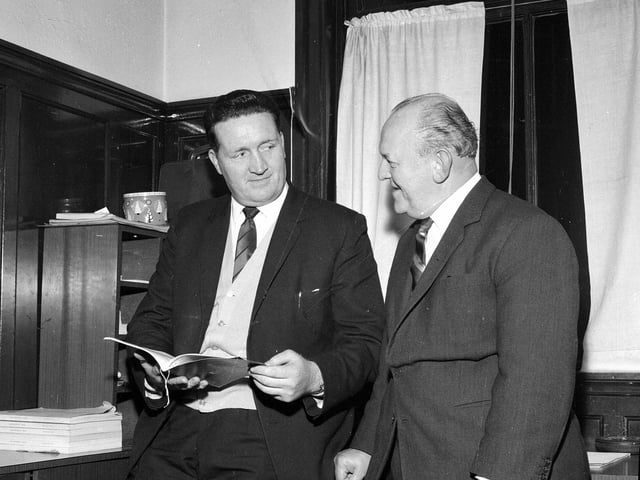 Jock Stein is pictured speaking with the Chairman of Hibs shortly after being appointed manager in March 1965.