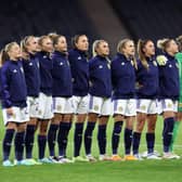 Scotland line up during the National Anthems prior to kick off of the 2023 FIFA Women's World Cup play-off game against Republic of Ireland. (Photo by Ian MacNicol/Getty Images)