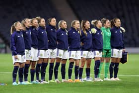 Scotland line up during the National Anthems prior to kick off of the 2023 FIFA Women's World Cup play-off game against Republic of Ireland. (Photo by Ian MacNicol/Getty Images)