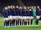 Scotland line up during the National Anthems prior to kick off of the 2023 FIFA Women's World Cup play-off game against Republic of Ireland. (Photo by Ian MacNicol/Getty Images)