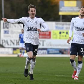Scott Wright celebrates after scoring to make it 1-0 Rangers during a Scottish Premiership match between St Johnstone and Rangers at McDiarmid Park, on April 21, 2021, in Perth, Scotland. (Photo by Rob Casey / SNS Group)
