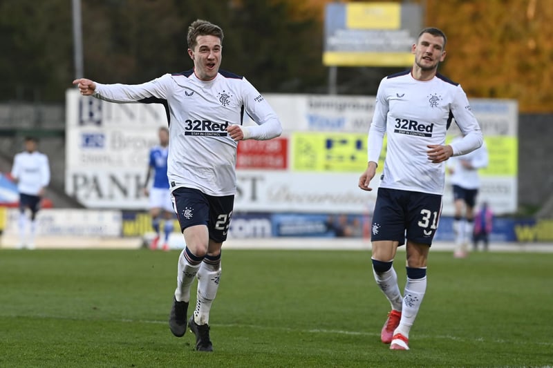 Scott Wright celebrates after scoring to make it 1-0 Rangers during a Scottish Premiership match between St Johnstone and Rangers at McDiarmid Park, on April 21, 2021, in Perth, Scotland. (Photo by Rob Casey / SNS Group)