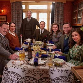 L-R, Tristan (Callum Woodhouse), Mrs Hall  (Anna Madeley), Richard Alderson (Tony Pitts), Siegfried (Samuel West), Jenny (Imogen Clawson), James (Nicholas Ralph), and Helen (Rachel Shenton) in the All Creatures Great and Small Christmas Special 2024. Picture: Helen Williams/Channel 5/Playground