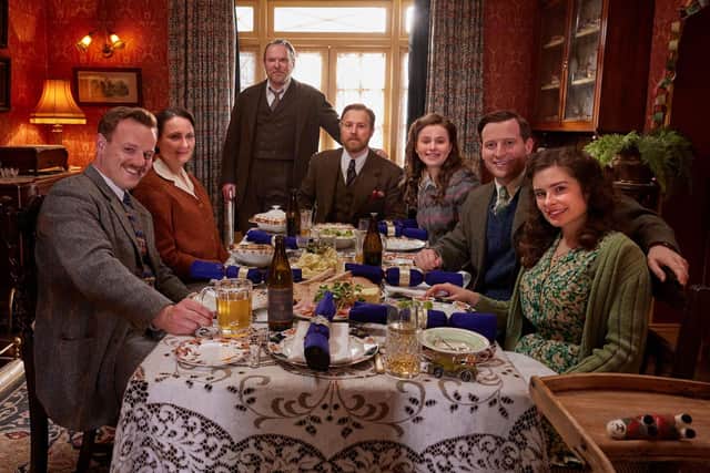 L-R, Tristan (Callum Woodhouse), Mrs Hall (Anna Madeley), Richard Alderson (Tony Pitts), Siegfried (Samuel West), Jenny (Imogen Clawson), James (Nicholas Ralph), and Helen (Rachel Shenton) in the All Creatures Great and Small Christmas Special 2024. Picture: Helen Williams/Channel 5/Playground