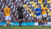 Referee Bobby Madden awards a penalty for a handball against Bevis Mugabi during a Scottish Premiership match between Motherwell and Rangers at Fir Park on 27 September(Photo by Craig Williamson / SNS Group)