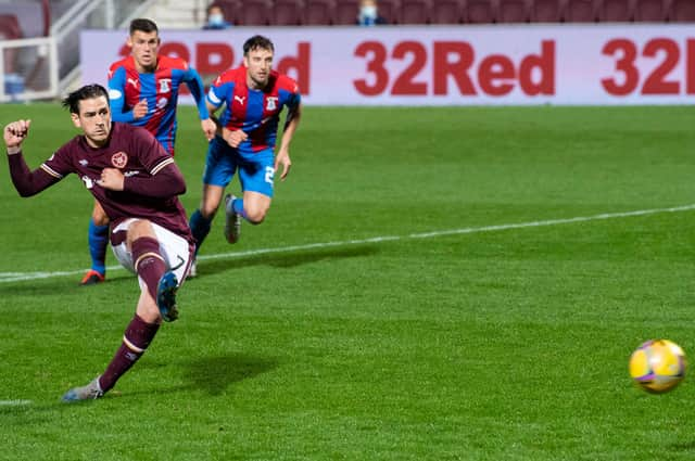 Jamie Walker slots home the only goal of the game from the penalty spot as Hearts defeat Inverness CT at Tynecastle on Tuesday evening. Picture: SNS