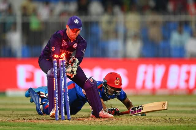 Afghanistan's Najibullah Zadran dives to make their ground as Matthew Cross removes the bails.