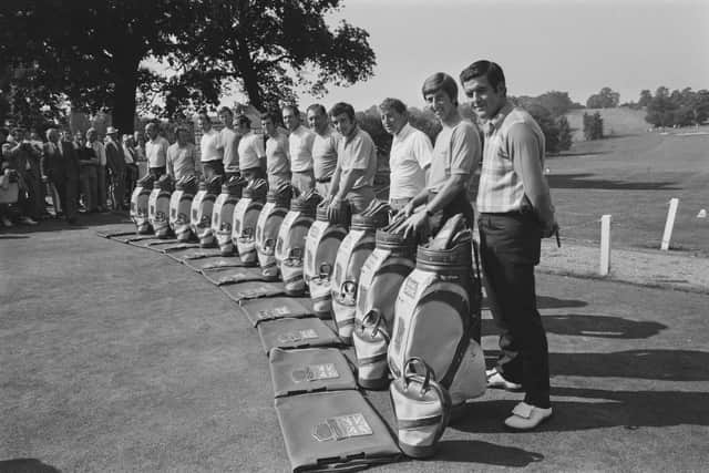 Harry Bannerman, far right, with the rest of the 1971 Great Britain & Ireland Ryder Cup team. From left to right, they are team captain Eric Brown, Brian Huggett, Brian Barnes, Peter Oosterhuis, Peter Townsend, Bernard Gallacher, Peter Butler, Christy O'Connor Snr, Tony Jacklin, Maurice Bembridge, John Garner and Bannerman. Picture: Evening Standard/Hulton Archive/Getty Images.
