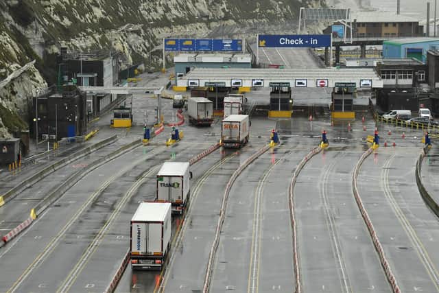Lorries prepare to embark on a ferry at the Port of Dover following Britain's departure from the European Union. Picture: Glyn Kirk/AFP via Getty Images