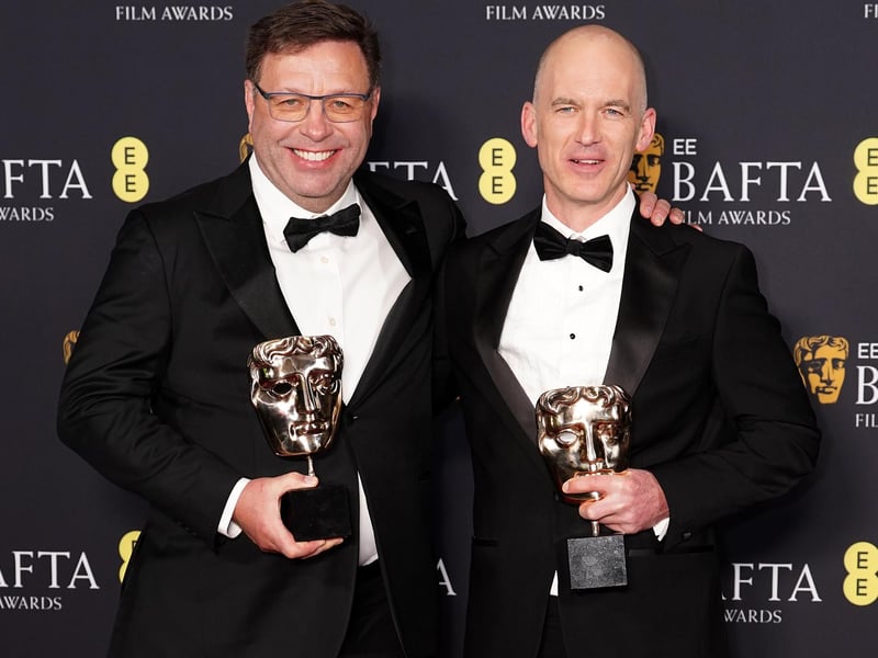 Ron Bartlett and Gareth John in the press room after winning the Best Sound Award for Dune: Part Two during the 78th British Academy Film Awards