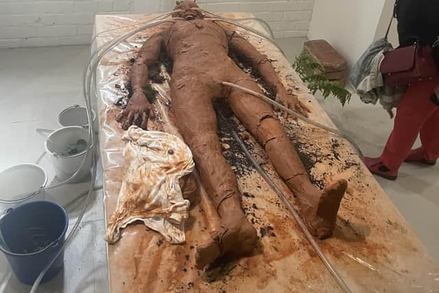 Clay Man, by the artist Fabrice Hyber in the Living Worlds exhibition at Fondation Cartier, Lille. Pic: PA Photo/Gemma Bradley.