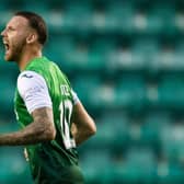 Martin Boyle celebrates his equaliser for Hibs against Rijeka in the first leg of their Conference League qualifying round tie. Photo by Craig Foy / SNS Group