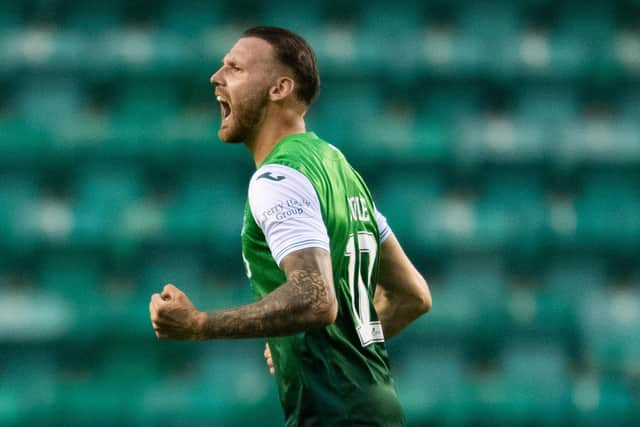 Martin Boyle celebrates his equaliser for Hibs against Rijeka in the first leg of their Conference League qualifying round tie. Photo by Craig Foy / SNS Group