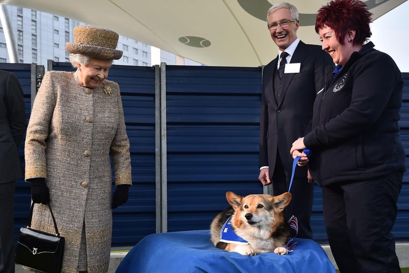 Queen Elizabeth II looking at a Corgi as Paul O'Grady looks on during a visit to Battersea Dogs and Cats Home in 2015
