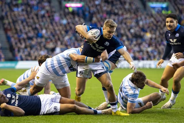 Darcy Graham scores his first try of the match as Scotland overpowered Argentina at BT Murrayfield.