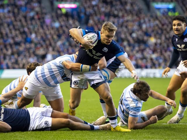 Darcy Graham scores his first try of the match as Scotland overpowered Argentina at BT Murrayfield.