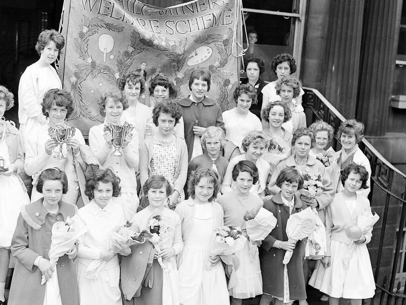A group of girls from Bowhill about to set out on march to Holyrood Park on May Day 1962.