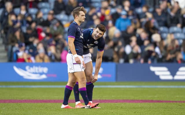 Ross Thompson has been impressed by the ability of Blair Kinghorn, right, to spot a gap. (Photo by Ross MacDonald / SNS Group)