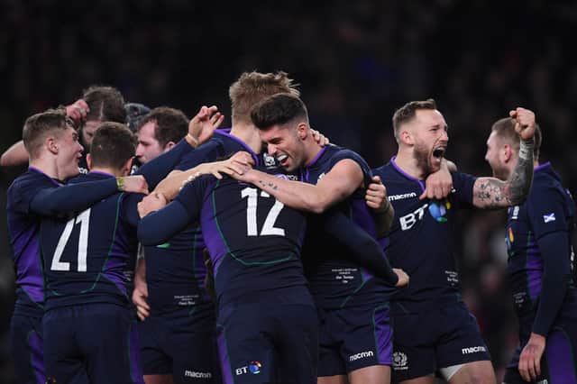 Scotland celebrate Sam Johnson's try in the never-to-be-forgotten 38-38 draw with England at Twickenham in London. Picture: Laurence Griffiths/Getty Images