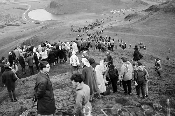 Edinburgh residents on their way down Arthur's Seat after the Mayday Sunrise Service in 1966.
