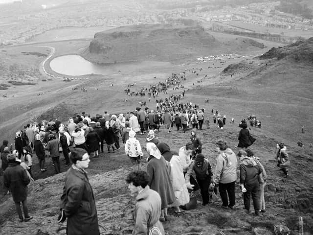 Edinburgh residents on their way down Arthur's Seat after the Mayday Sunrise Service in 1966.