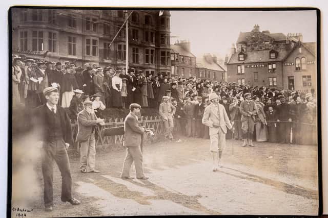 An 1894 photograph of A J Balfour at the Old Course, St Andrews, having just teed off. Picture: Jane Barlow/PA Wire