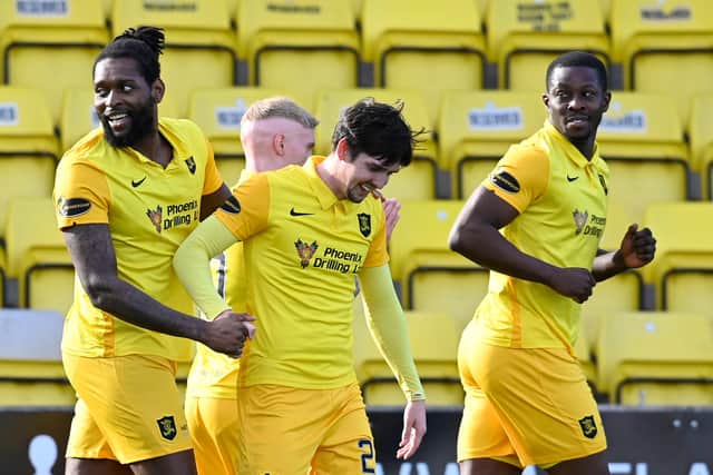Jay Emmanuel-Thomas (L) celebrates his goal to make it 1-0 to Livingson in the eventual 2-1 win over Hamilton Accies (Photo by Rob Casey / SNS Group)