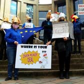 Members of Glasgow Loves EU protest near Donald Dewar in Buchanan Street, Glasgow.