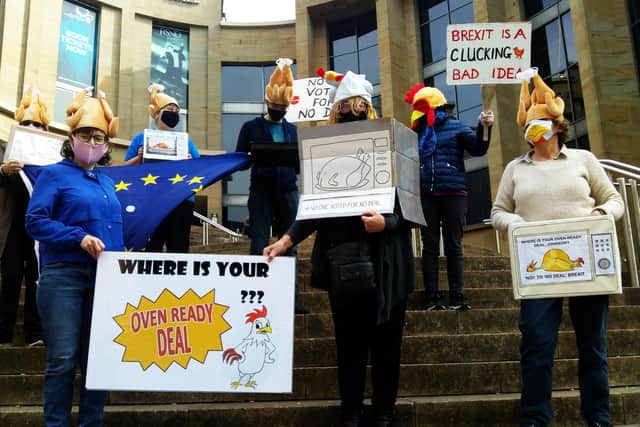 Members of Glasgow Loves EU protest near Donald Dewar in Buchanan Street, Glasgow.