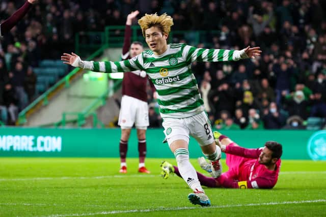 Celtic’s Kyogo Furuhashi celebrates after the winner over Hearts that tookhis season's tally to 14 - a number that his manager Ange Postecoglou considers could be bolstered by his team-mates being sharper at playing in the constantly-on-the-move striker in the right areas. (Photo by Alan Harvey / SNS Group)