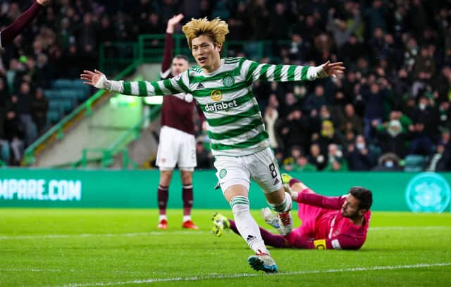 Celtic’s Kyogo Furuhashi celebrates after  the winner over Hearts that tookhis season's tally to 14 - a number that his manager Ange Postecoglou considers could be bolstered by his team-mates being sharper at playing in the constantly-on-the-move striker in the right areas. (Photo by Alan Harvey / SNS Group)
