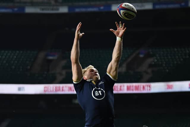 Duhan van der Merwe just fails to catch Finn Russell's cross-field kick over the tryline. Picture: Mike Hewitt/Getty Images