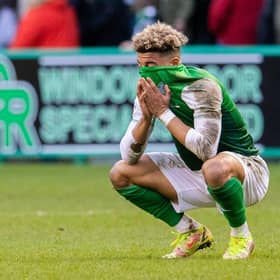 Hibs' Sylvester Jasper despairs at full-time.  (Photo by Ross Parker / SNS Group)