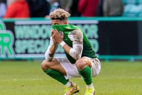 Hibs' Sylvester Jasper despairs at full-time.  (Photo by Ross Parker / SNS Group)