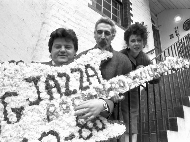 Actors Katy Murphy and Robbie Coltrane with playwright John Byrne (middle) publicise 'Tutti Frutti', his new series for the BBC, in February 1987.