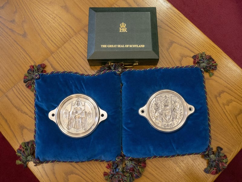 The Great Seal of Scotland on the front bench of the court as Humza Yousaf is sworn in as First Minister of Scotland at the Court of Session