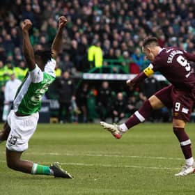 Hearts' Lawrence Shankland scores to make it 2-0 with an excellent strike.