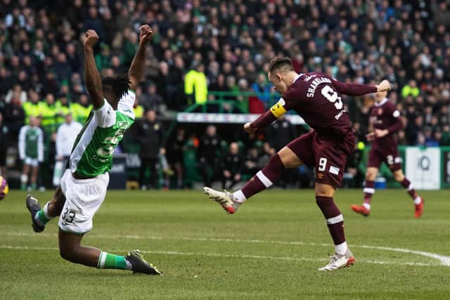 Hearts' Lawrence Shankland scores to make it 2-0 with an excellent strike.