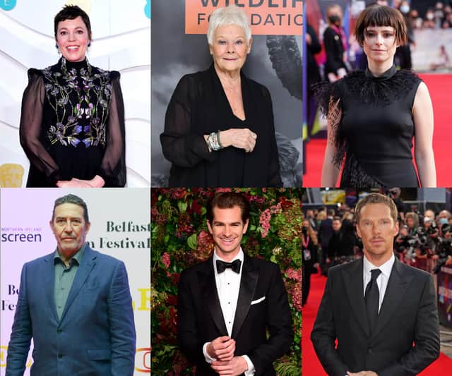 (top row, left to right) Olivia Colman nominated for the best actress Oscar for The Lost Daughter, Dame Judi Dench nominated for the best supporting actress Oscar for Belfast and Jessie Buckley nominated for the best supporting actress Oscar for The Lost Daughter, and (bottom row, left to right) Ciaran Hinds nominated for the best supporting actor Oscar for Belfast, Andrew Garfield nominated for the best actor Oscar for Tick, Tick???Boom, and Benedict Cumberbatch nominated for the best actor Oscar for The Power Of The Dog.