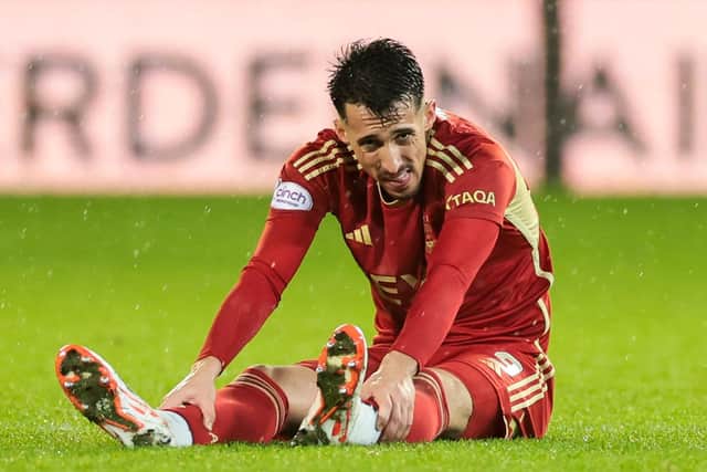Aberdeen's Bojan Miovski was forced off with an injury against Hearts on Saturday. (Photo by Ewan Bootman / SNS Group)