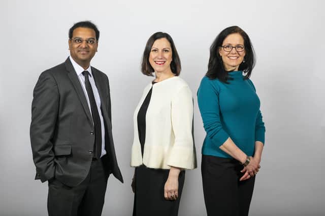 From left: 2021 Converge Challenge winner Mallikarjun Chityala of Fitabeo Therapeutics; Converge executive director Claudia Cavalluzzo; and 2020 Converge Challenge winner Genevieve Patenaude of Earth Blox. Picture: contributed.
